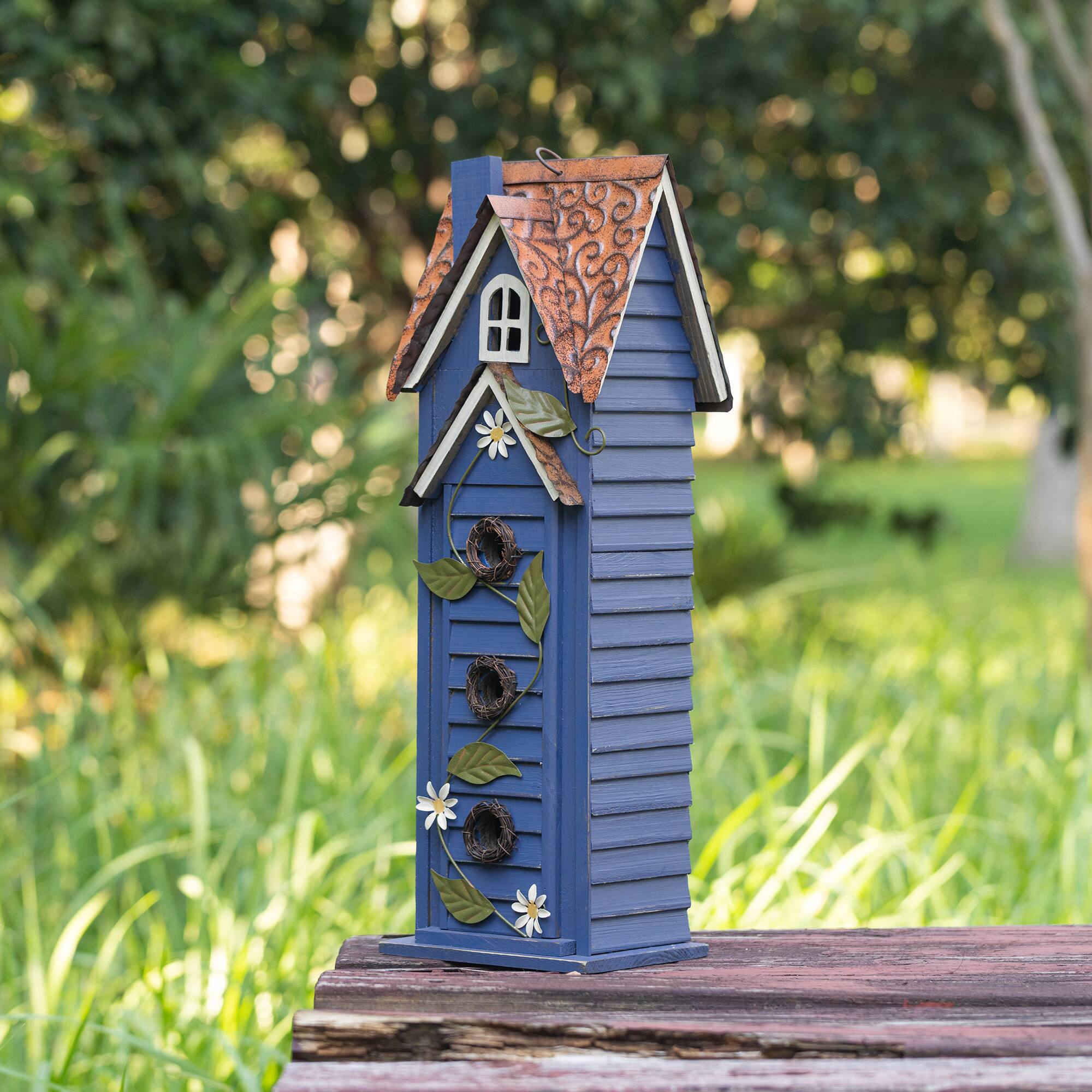 Glitzhome® 24.25" Oversized Washed Blue 3-Tiered Solid Wood Villa Birdhouse